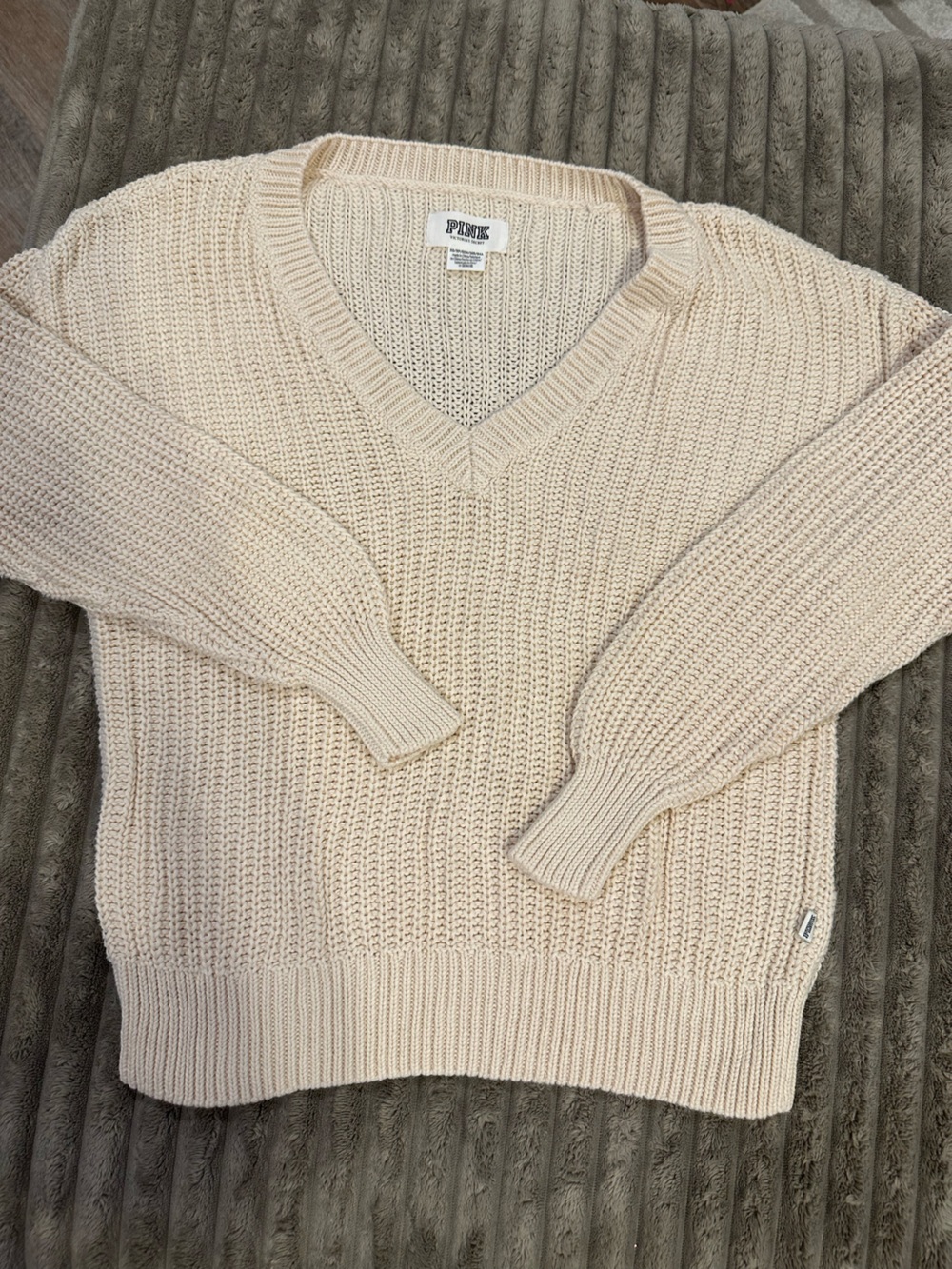 PINK Victoria's Secret Cream V-Neck Chunky Knit Sweater